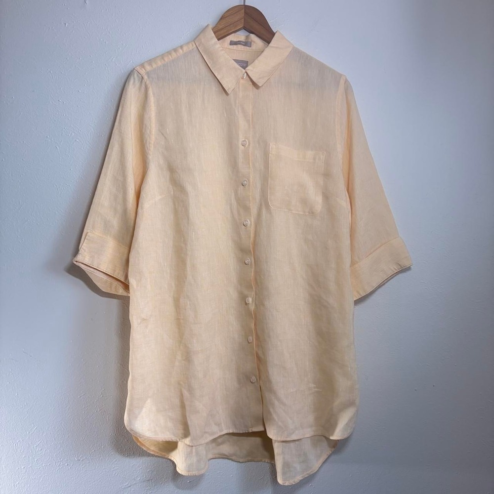 Chicos Sz 2.5‎ US 14 Butter Yellow 100% Linen Mid Sleeve Oversized Button Up